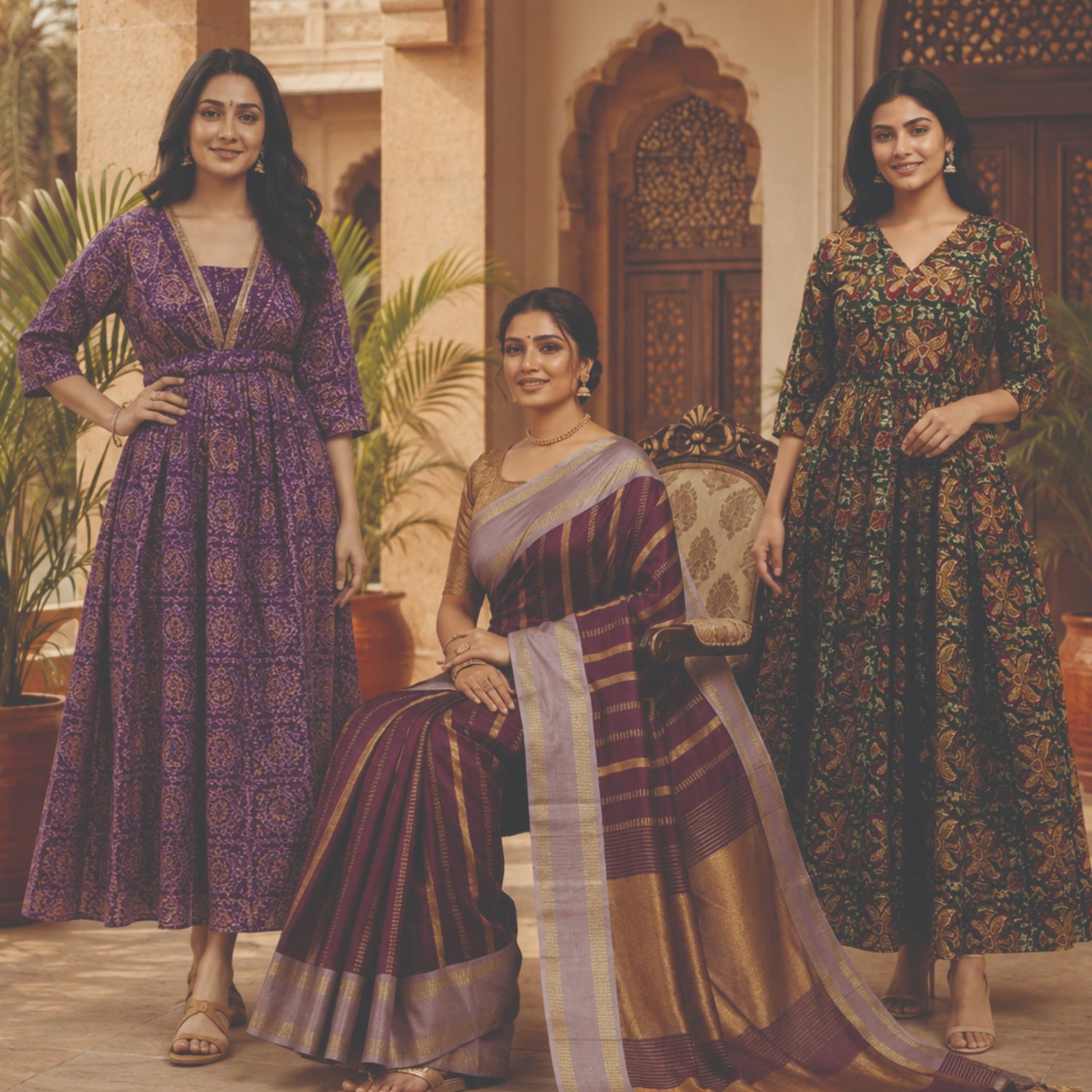 Three women in printed dresses and a silk saree in a sandstone courtyard