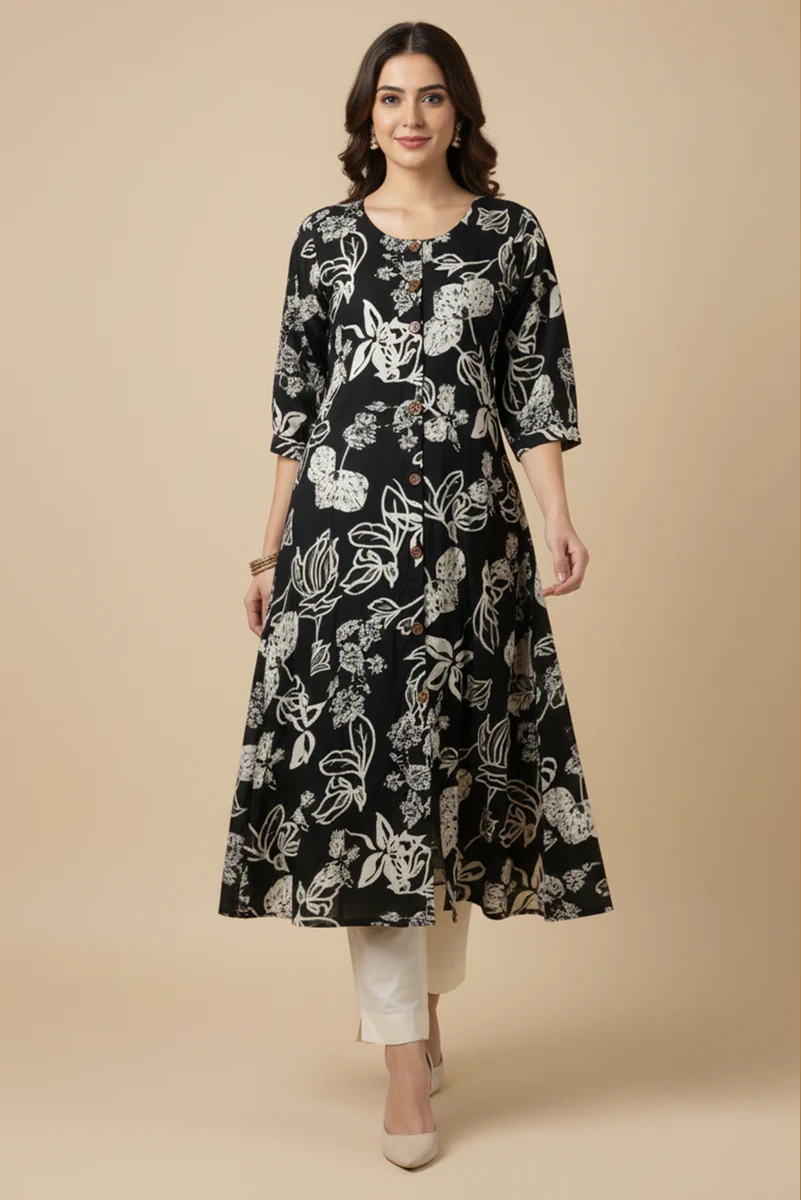 chudi1 Rayon Kurti Featuring Elegant Floral Motifs - Image 1